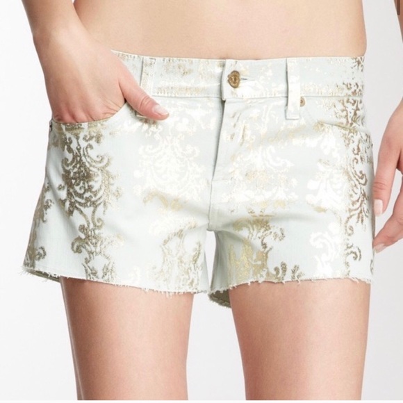 ⭐️7 for All Mankind⭐️Pastel Green Gold Metallic Print Denim Jeans Shorts Sz 24 - Picture 4 of 16